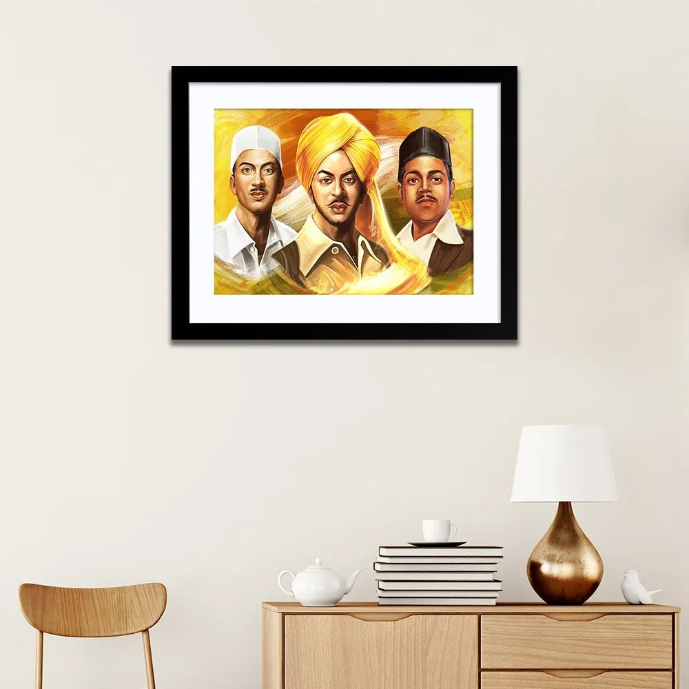 "The Trio of Indian Freedom Fighters" Framed Wall Painting (A4 Size 12X15)