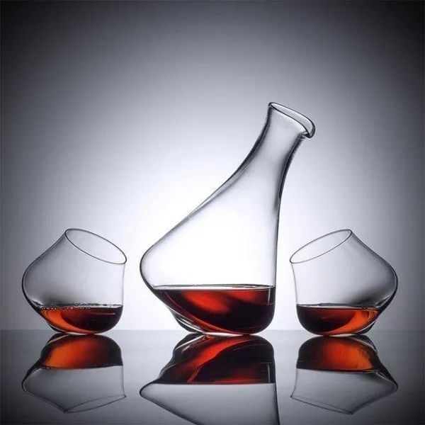 Tilted Art Decanter &amp; Drinking Glass-Set of 3