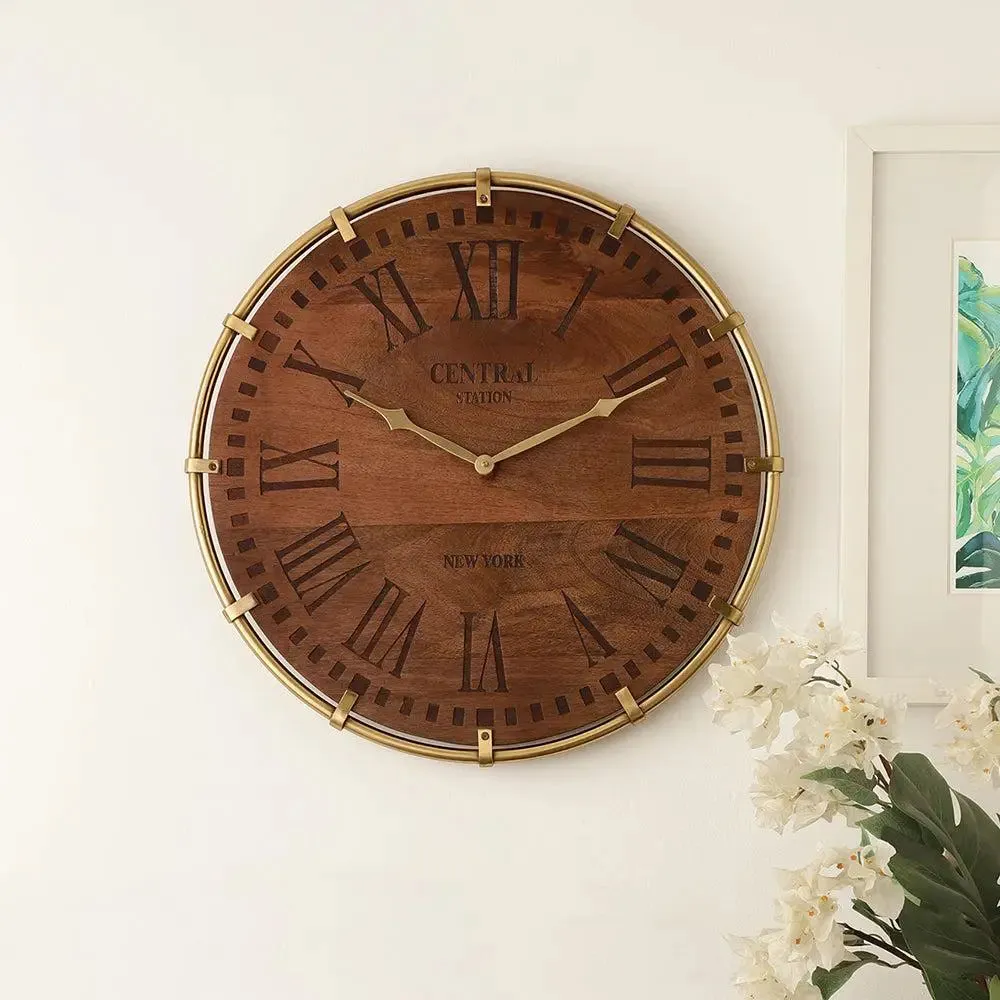 Timberland Engraved Wooden Vintage Wall Clock with Golden Needles
