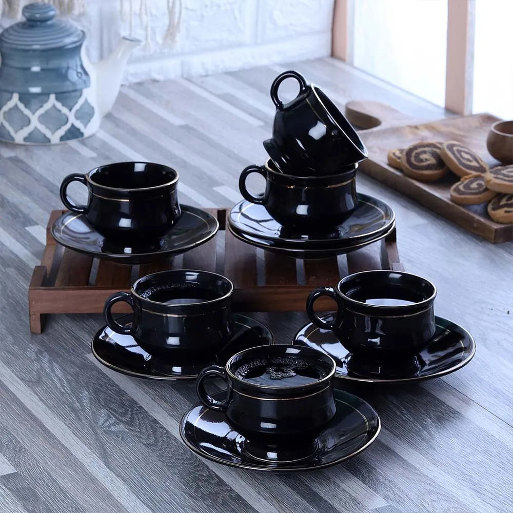 Timeless 12 Pieces Black & Gold Toned Solid Ceramic Glossy Cups and Saucer Set