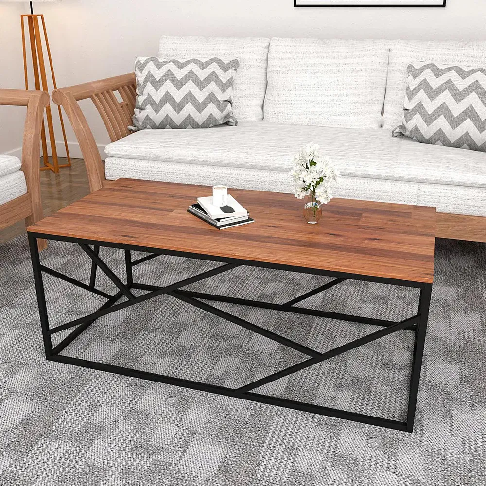 Timeless Centre Table With Criss-cross Black Metal Accents & White Marble