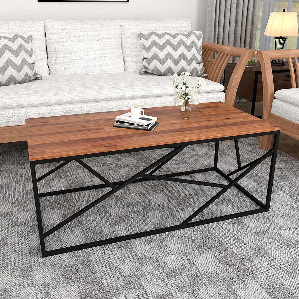 Timeless Centre Table With Criss-cross Black Metal Accents & White Marble