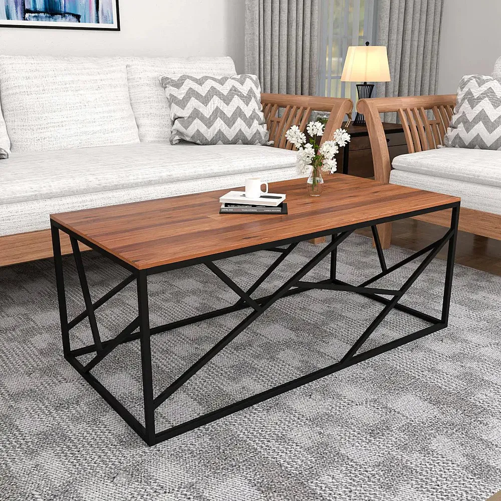 Timeless Centre Table With Criss-cross Black Metal Accents & White Marble