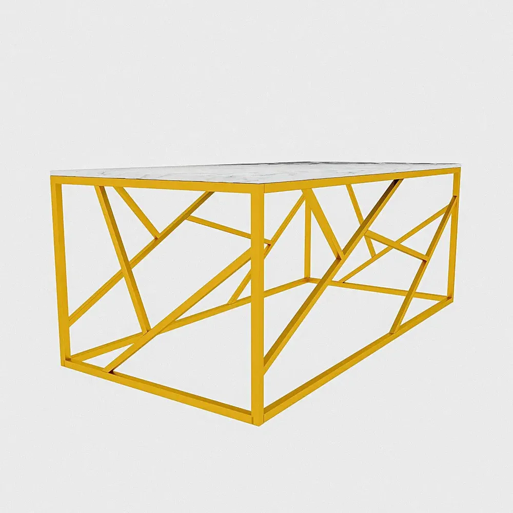 Timeless Centre Table With Criss-cross Gold Metal Accents & White Marble