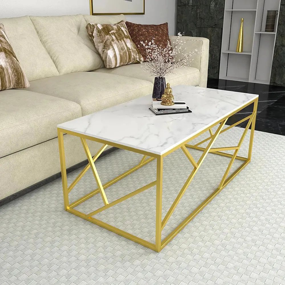 Timeless Centre Table With Criss-cross Gold Metal Accents & White Marble