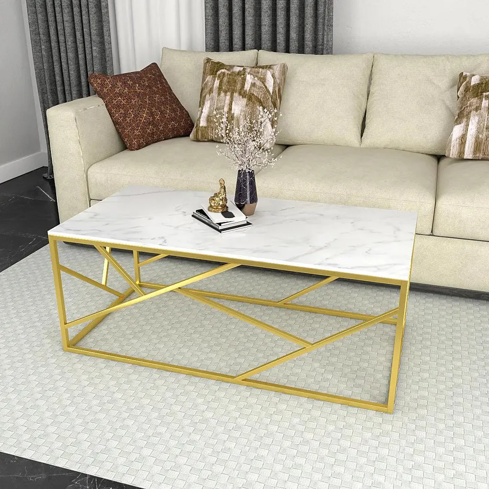 Timeless Centre Table With Criss-cross Gold Metal Accents & White Marble