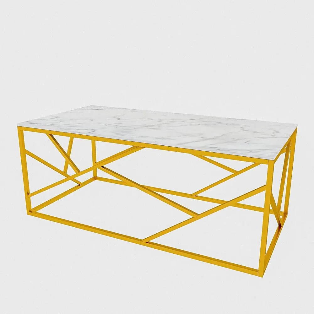 Timeless Centre Table With Criss-cross Gold Metal Accents & White Marble
