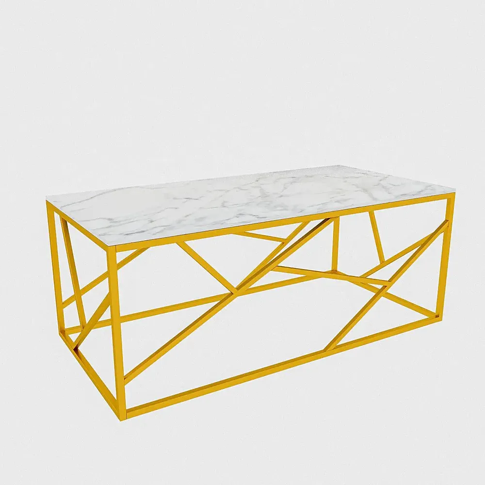 Timeless Centre Table With Criss-cross Gold Metal Accents & White Marble