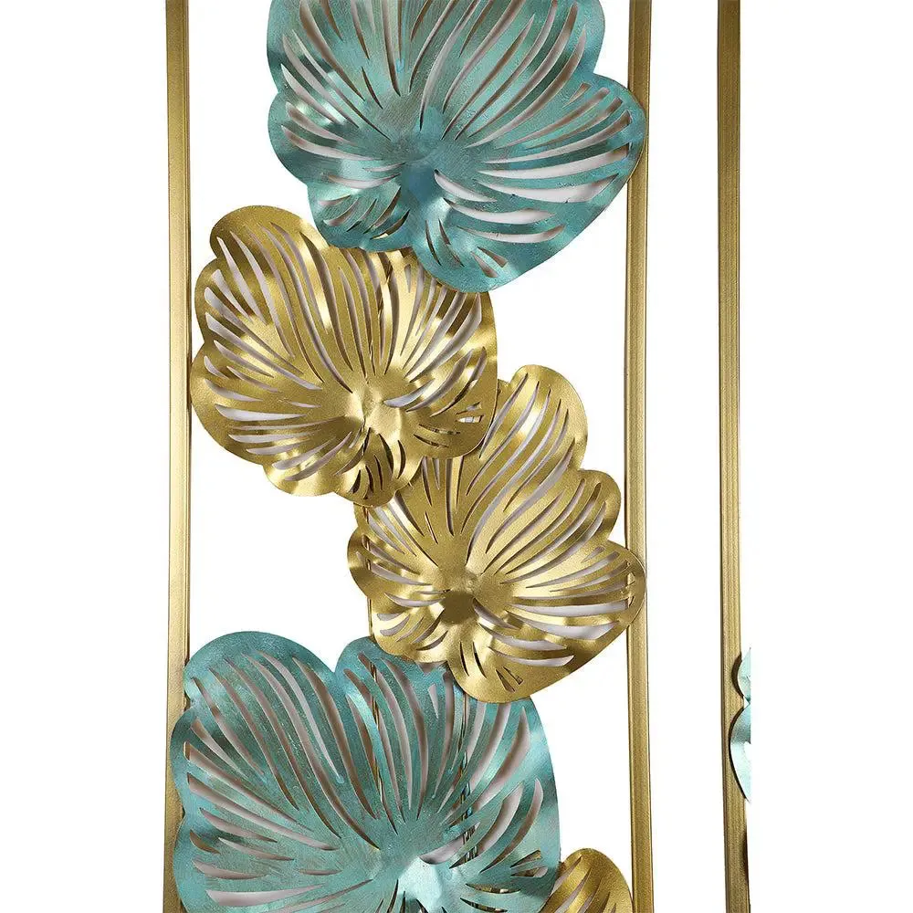 Timeless Green & Gold Leaves-etched Rectangular Metal Wall Art Décor- Set of 2