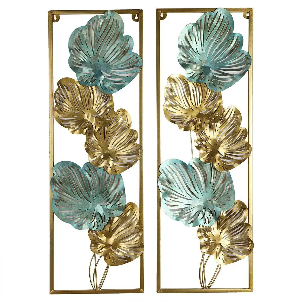 Timeless Green & Gold Leaves-etched Rectangular Metal Wall Art Décor- Set of 2