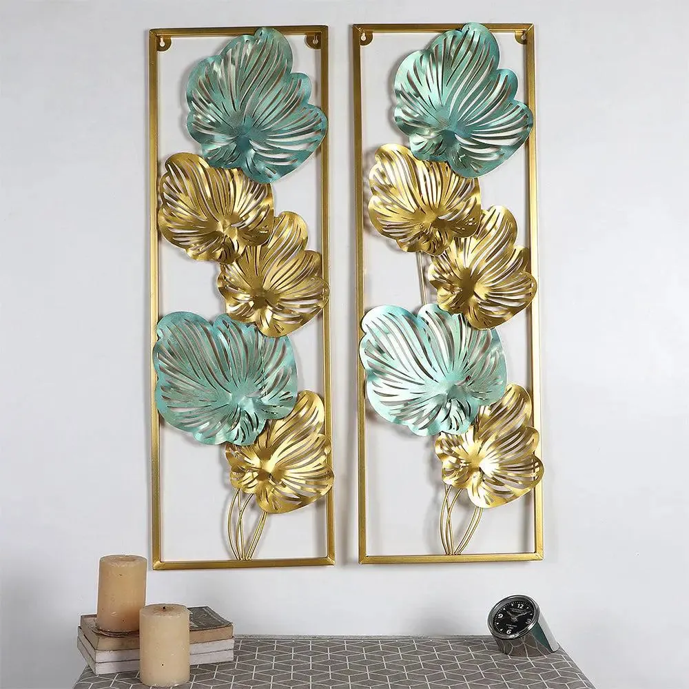 Timeless Green & Gold Leaves-etched Rectangular Metal Wall Art Décor- Set of 2