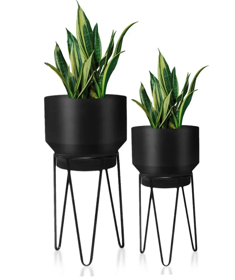 Timeless Metallic Black Planter Pots with Sturdy Long Stands (Set of 2)