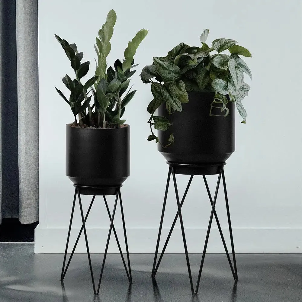 Timeless Metallic Black Planter Pots with Sturdy Long Stands (Set of 2)