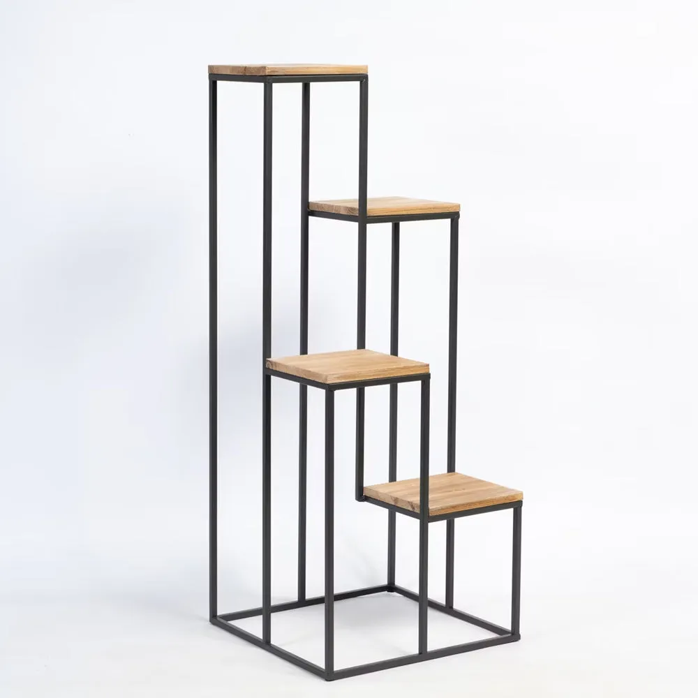 Timeless Sturdy Black Metal Planter Stand with Premium Brown Wooden Shelves- 4 tier