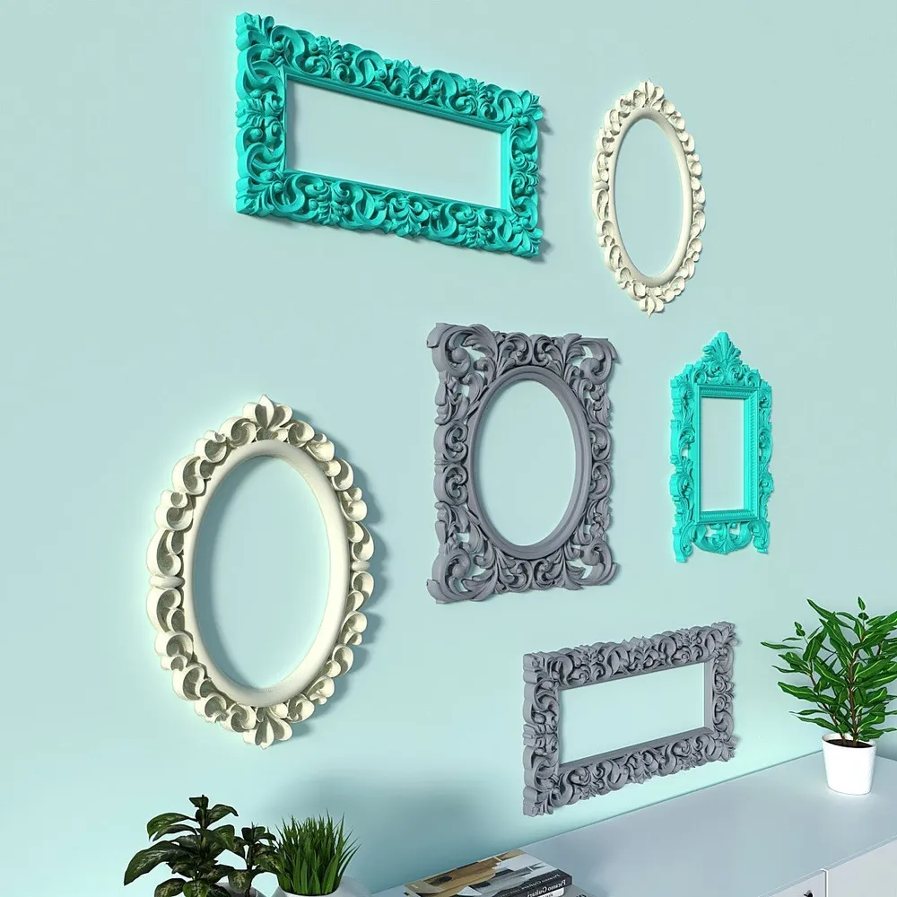 Timeless Venetian Decorative Wall Frames In Teal, Grey &amp; Yellow - Set of 6