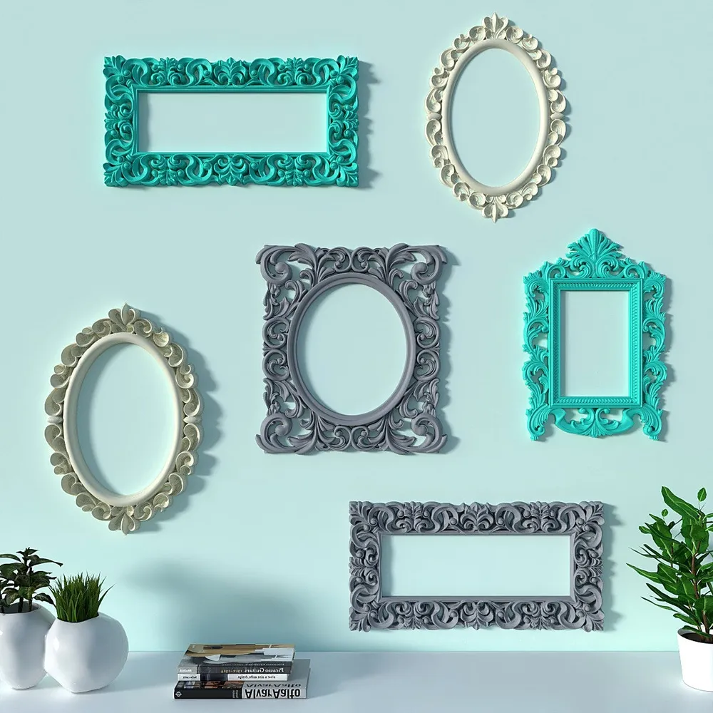 Timeless Venetian Decorative Wall Frames In Teal, Grey &amp; Yellow - Set of 6