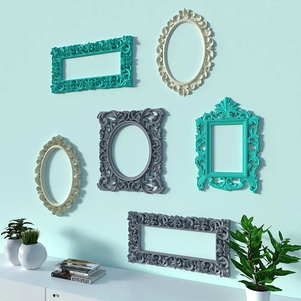 Timeless Venetian Decorative Wall Frames In Teal, Grey &amp; Yellow - Set of 6