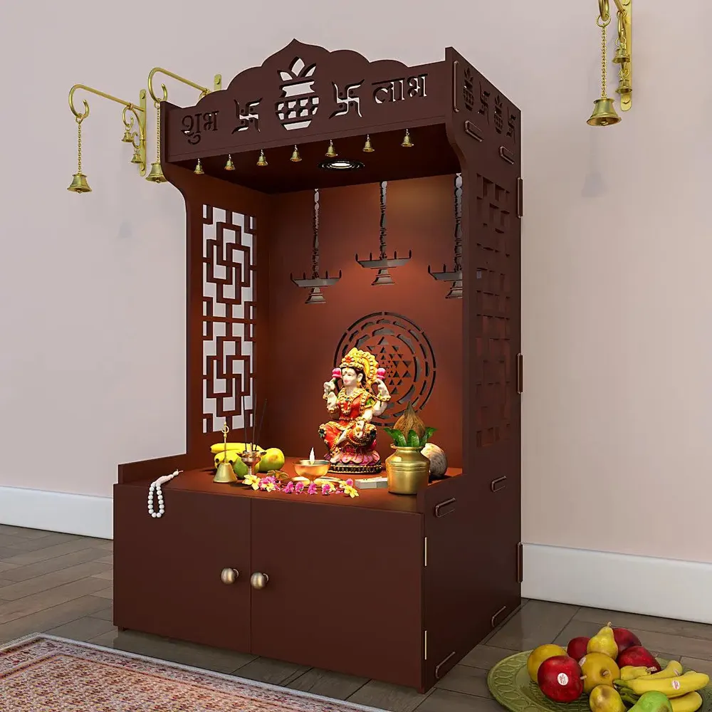 Timeless Wooden Mandir for Home with Spacious Shelf &amp; Inbuilt Focus Light- Brown