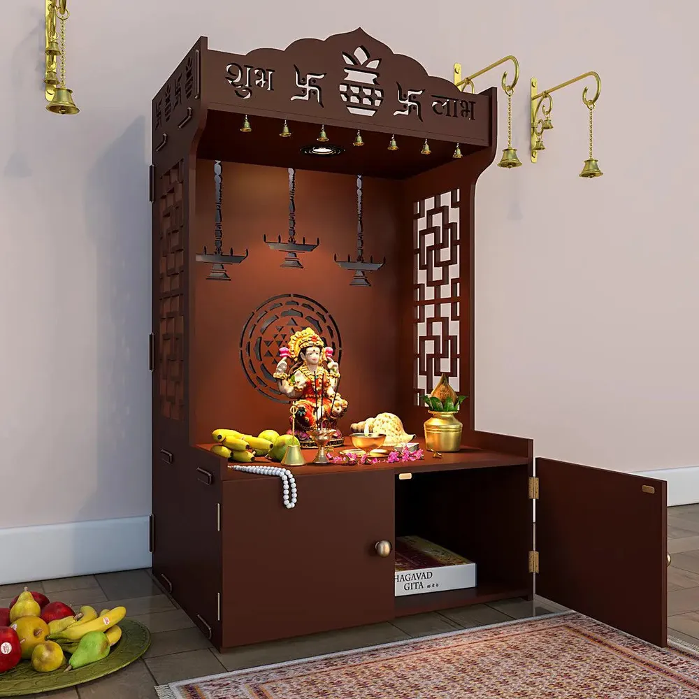 Timeless Wooden Mandir for Home with Spacious Shelf &amp; Inbuilt Focus Light- Brown