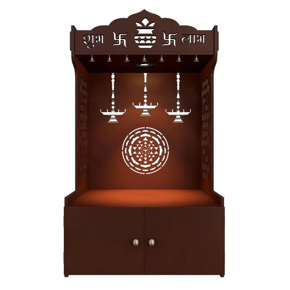 Timeless Wooden Mandir for Home with Spacious Shelf &amp; Inbuilt Focus Light- Brown