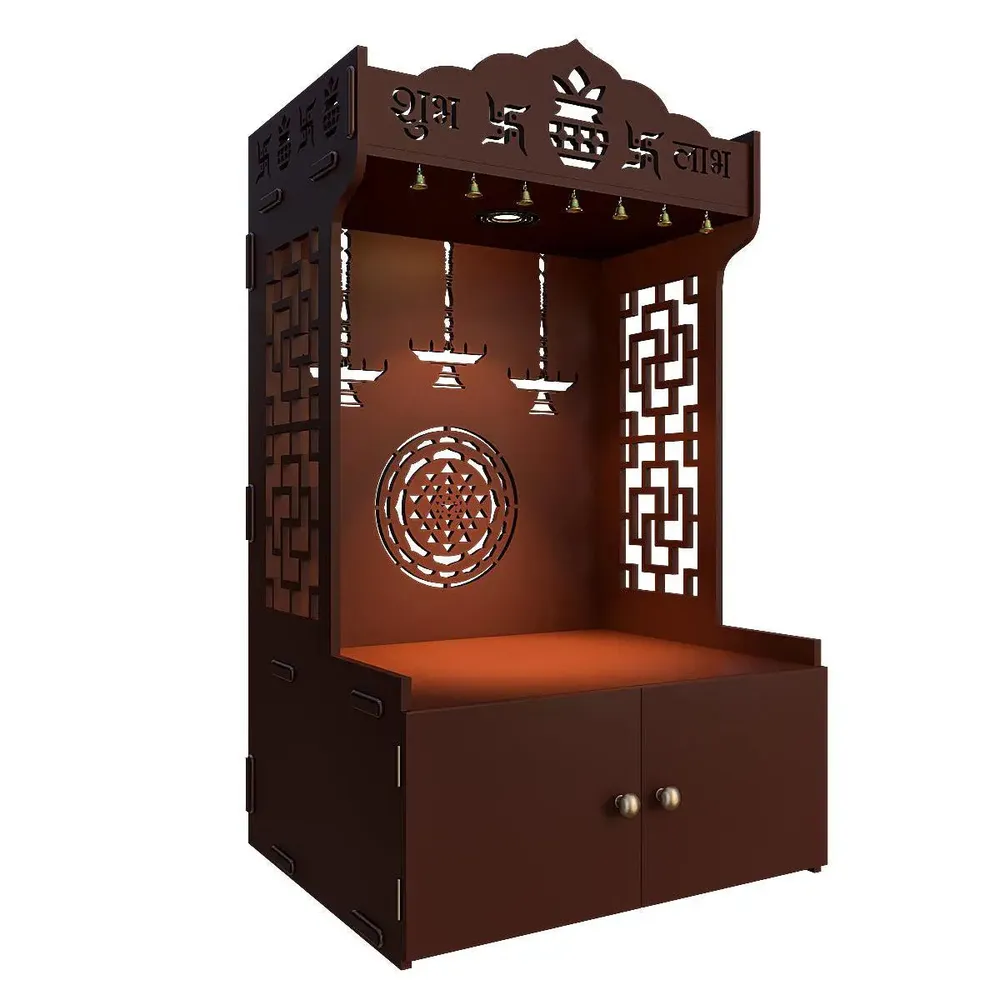 Timeless Wooden Mandir for Home with Spacious Shelf &amp; Inbuilt Focus Light- Brown