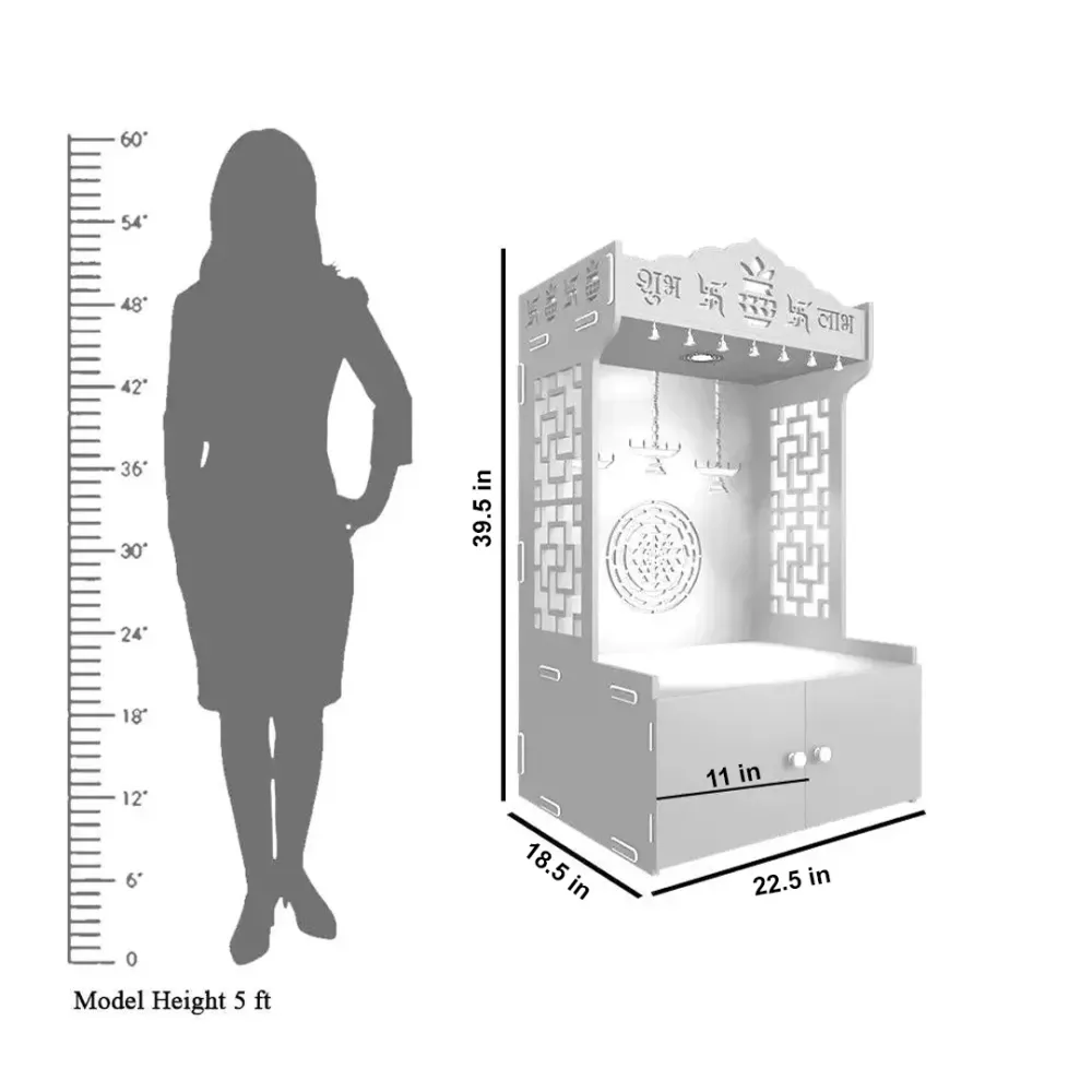 Timeless Wooden Mandir for Home with Spacious Shelf &amp; Inbuilt Focus Light- White