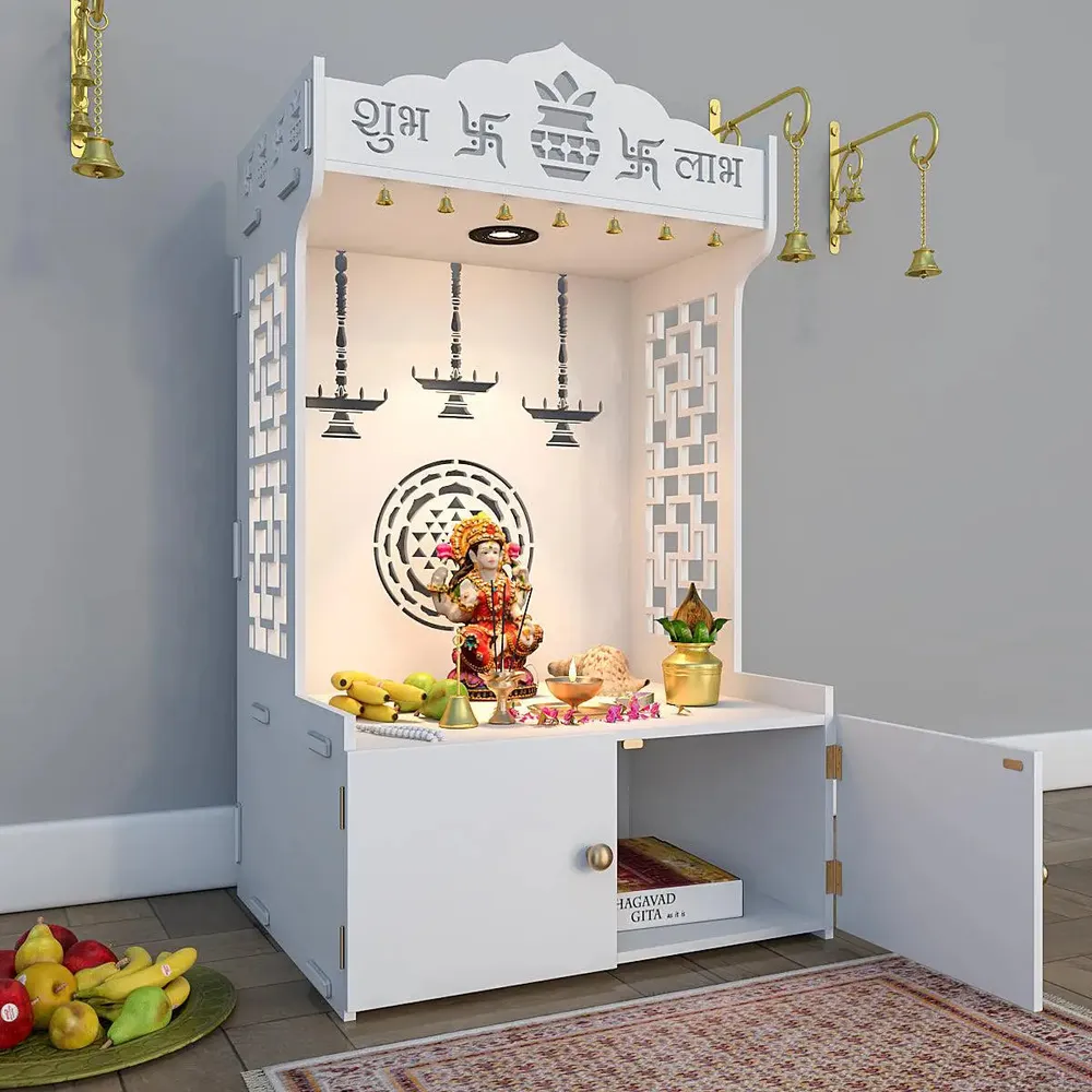 Timeless Wooden Mandir for Home with Spacious Shelf &amp; Inbuilt Focus Light- White