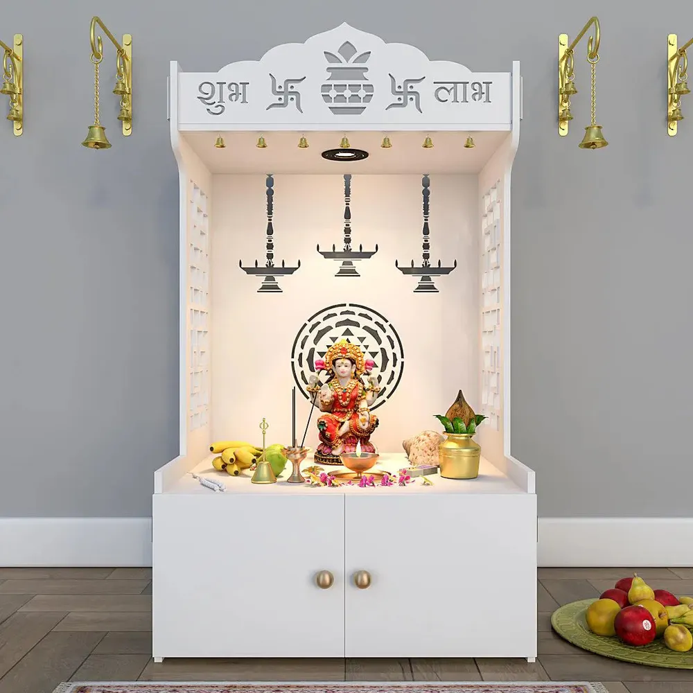 Timeless Wooden Mandir for Home with Spacious Shelf &amp; Inbuilt Focus Light- White