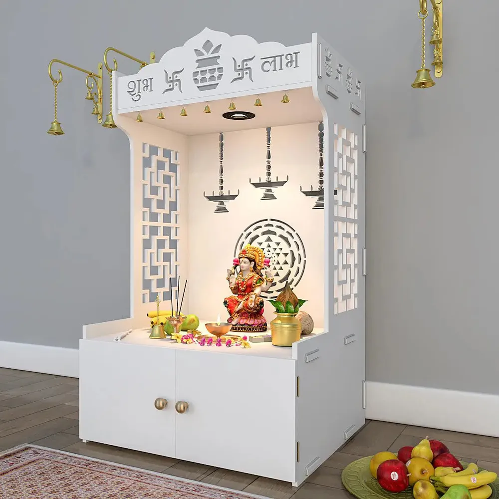 Timeless Wooden Mandir for Home with Spacious Shelf &amp; Inbuilt Focus Light- White