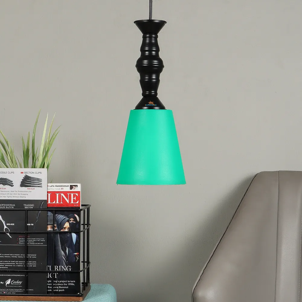 Traditional Black Metal Hanging Light With Designer Shade Green