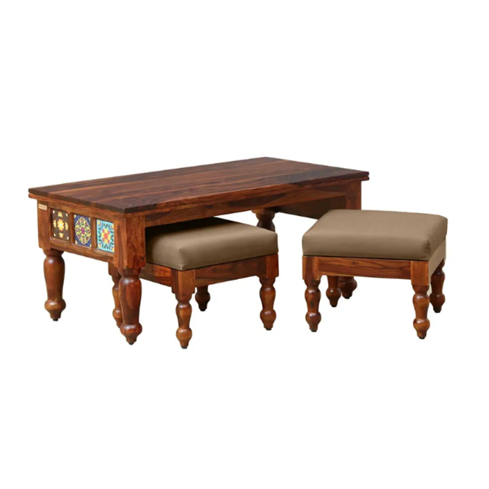 Traditional Blocked Handcrafted Aesthetic Coffee Tables With 2 Stools