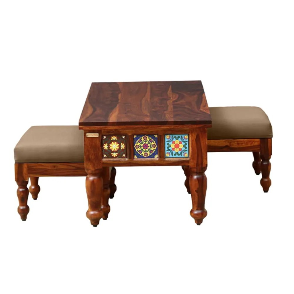 Traditional Blocked Handcrafted Aesthetic Coffee Tables With 2 Stools