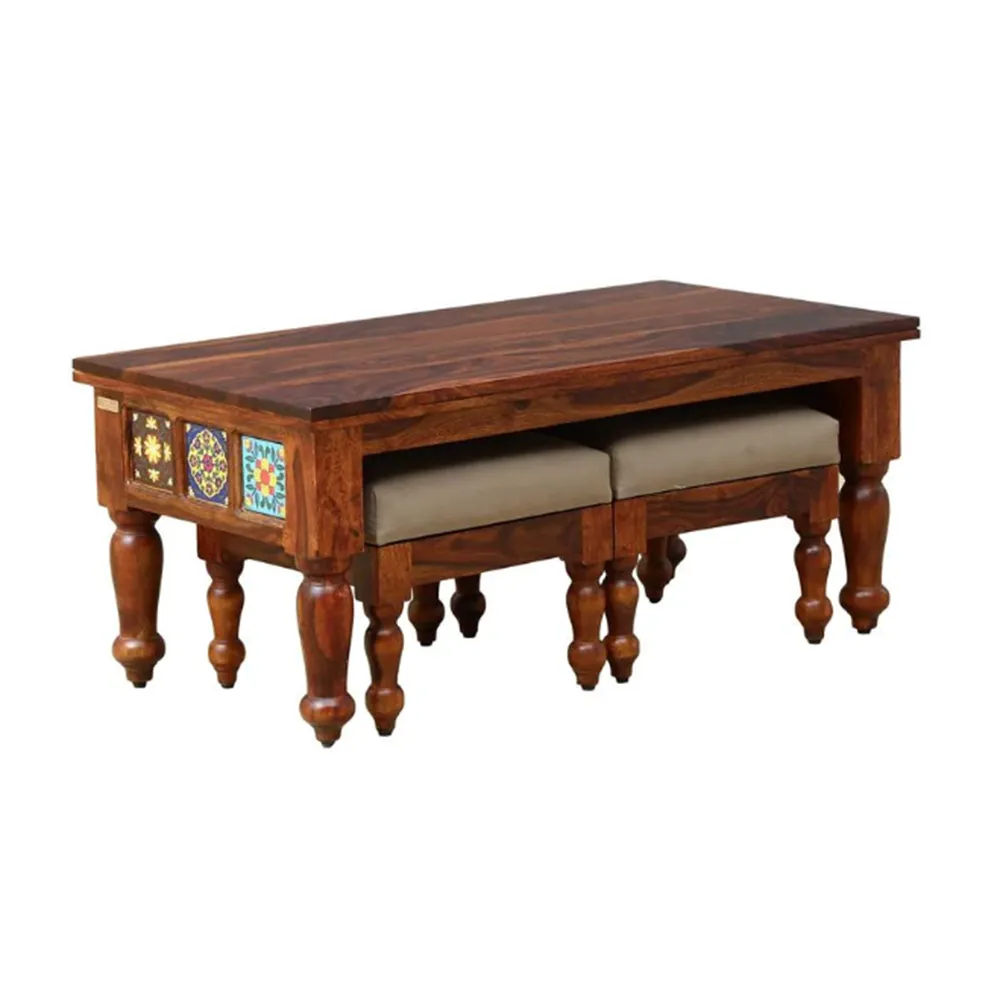 Traditional Blocked Handcrafted Aesthetic Coffee Tables With 2 Stools