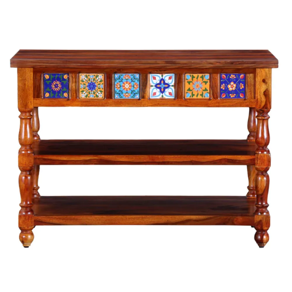 Traditional Blue & Yellow Handcrafted Block Sheesham Wood Console Table