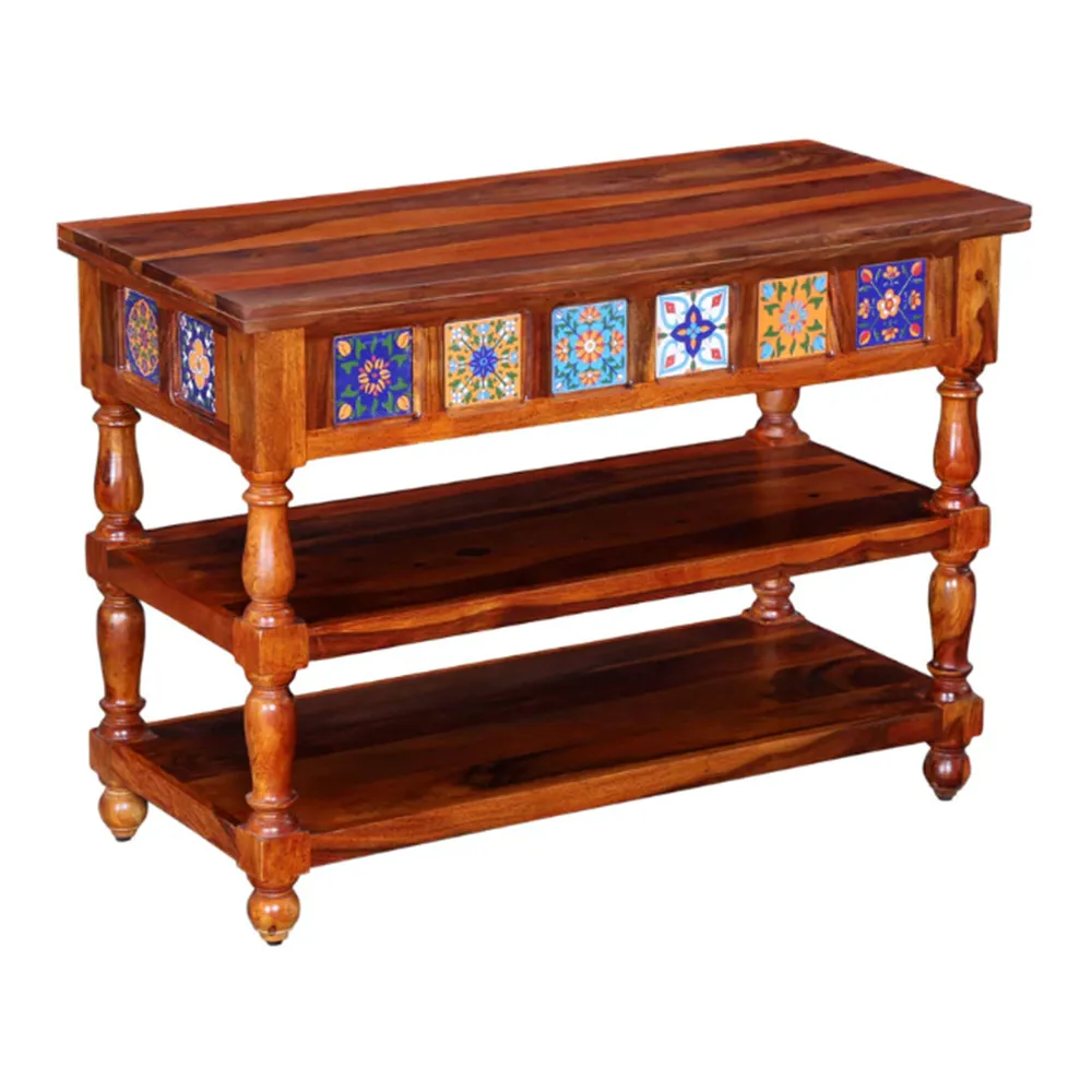 Traditional Blue & Yellow Handcrafted Block Sheesham Wood Console Table