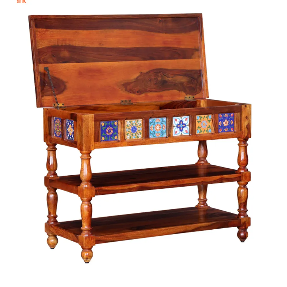 Traditional Blue & Yellow Handcrafted Block Sheesham Wood Console Table