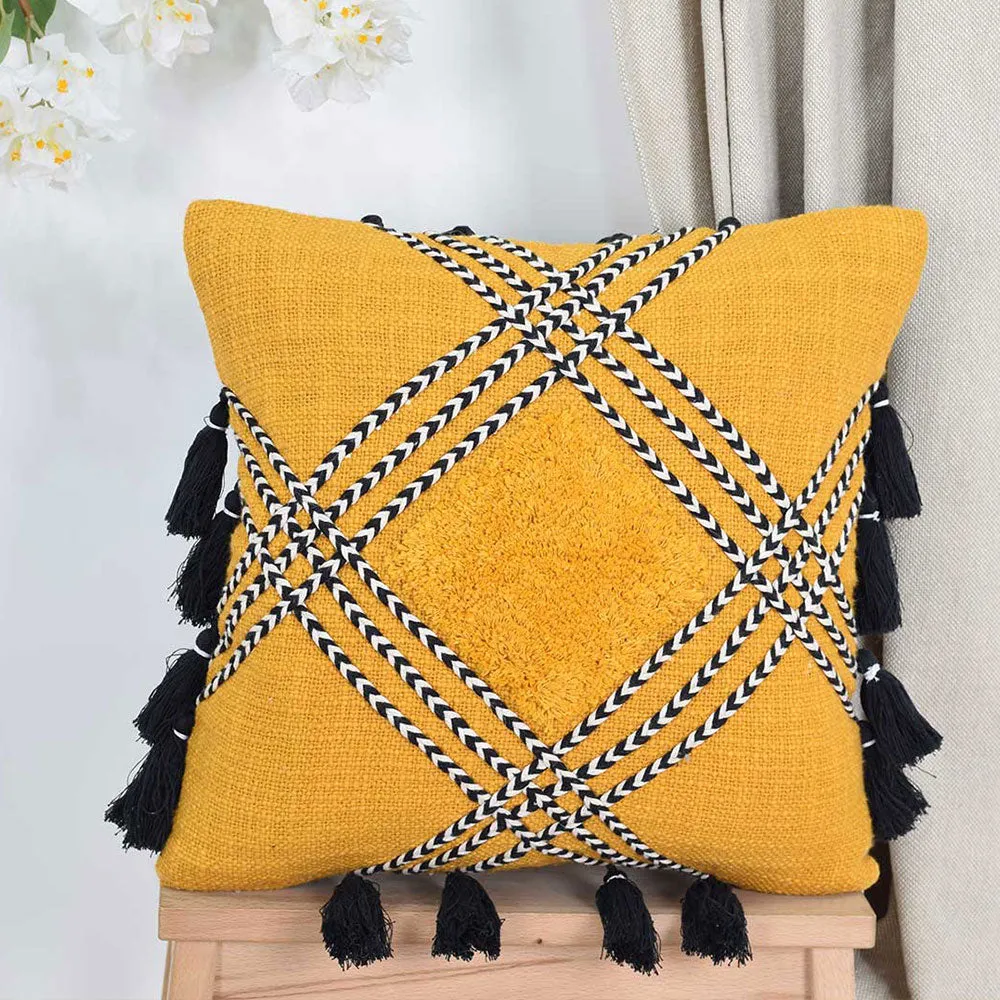 Traditional Chopad Dori Embroidered with Tassels 100% Cotton Cushion Cover Set Of 1