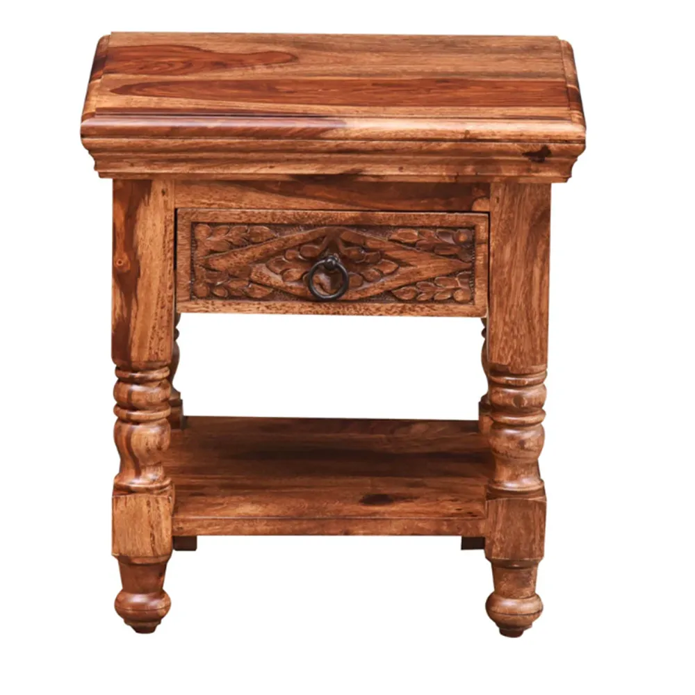 Traditional Crafted Sheesham Wood Bedside Table With Drawer