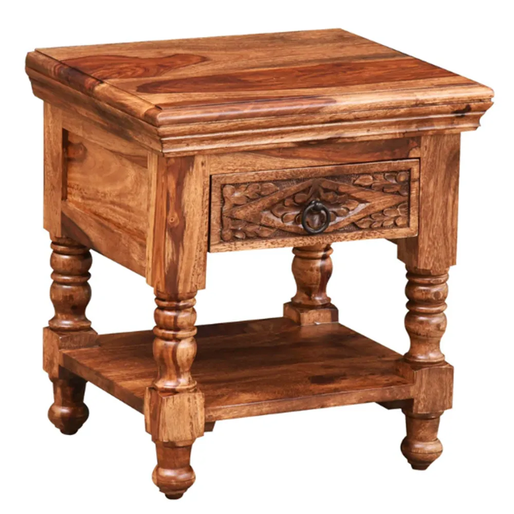 Traditional Crafted Sheesham Wood Bedside Table With Drawer