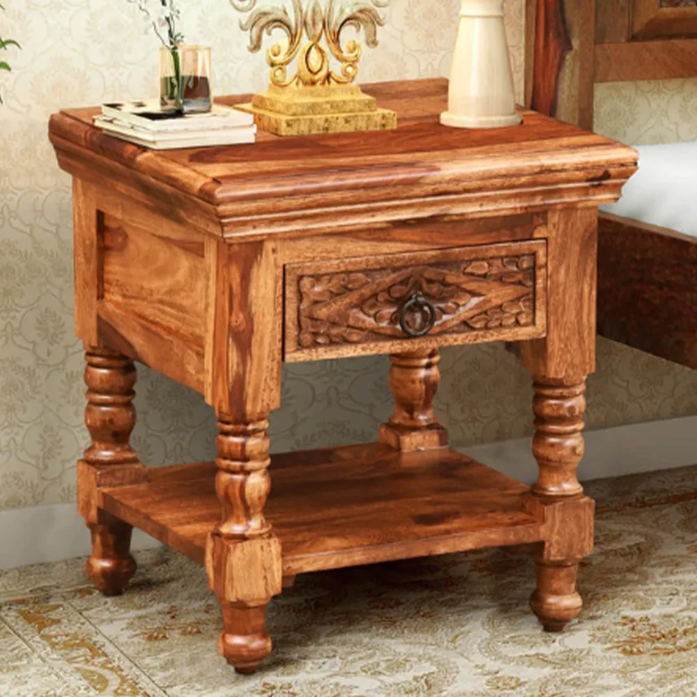 Traditional Crafted Sheesham Wood Bedside Table With Drawer