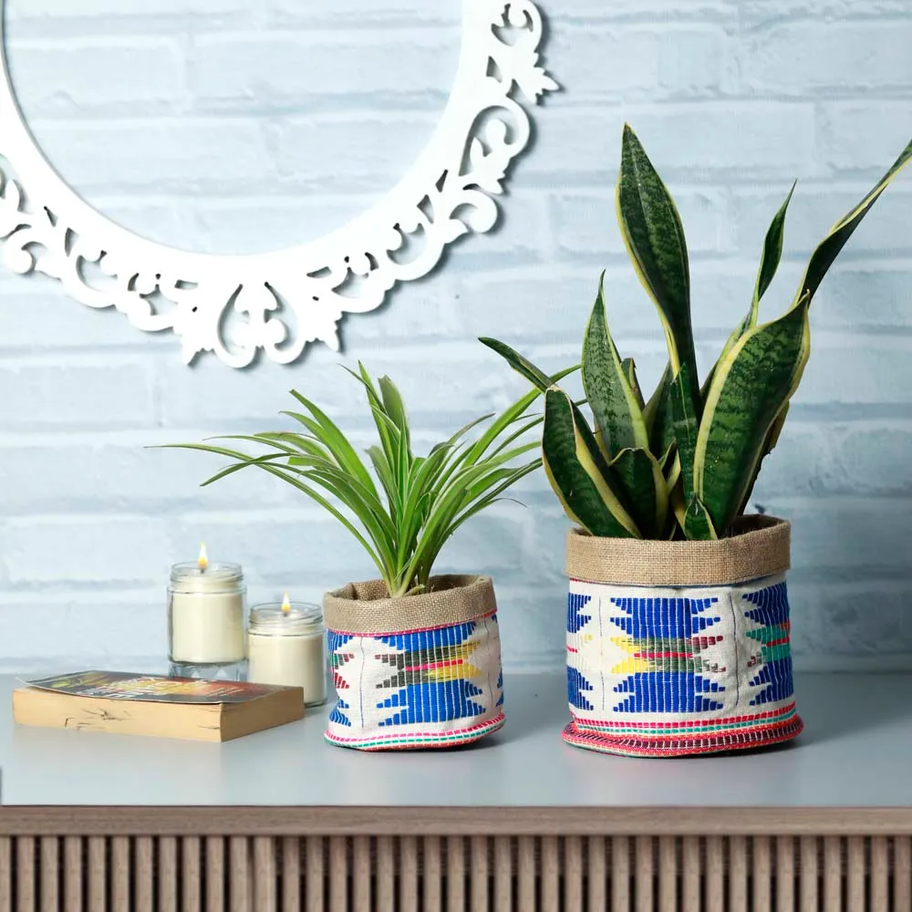 Traditional Designer Blue &amp; White Cotton &amp; Jute Planters Set Of 2