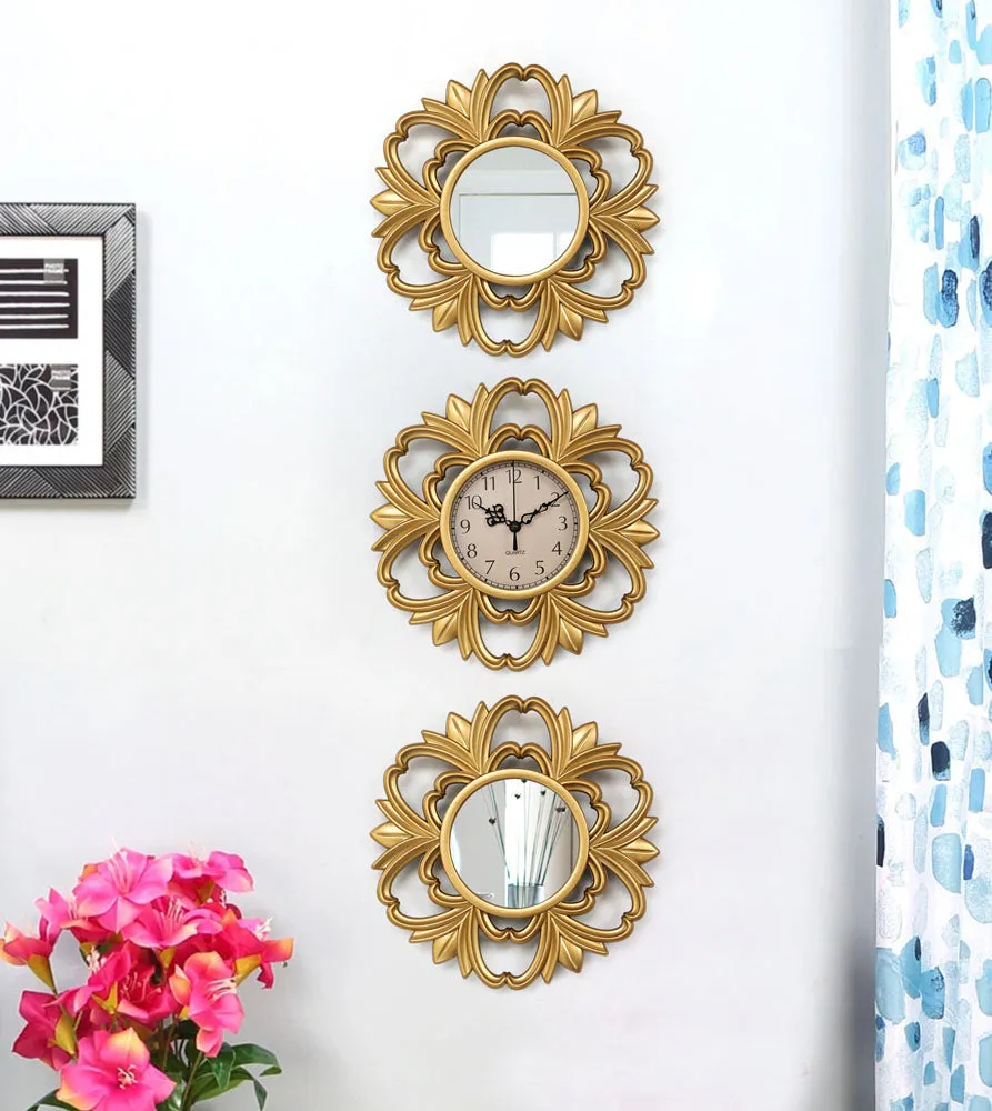 Traditional Designer Golden Wall Clock & Mirror Set Of 3