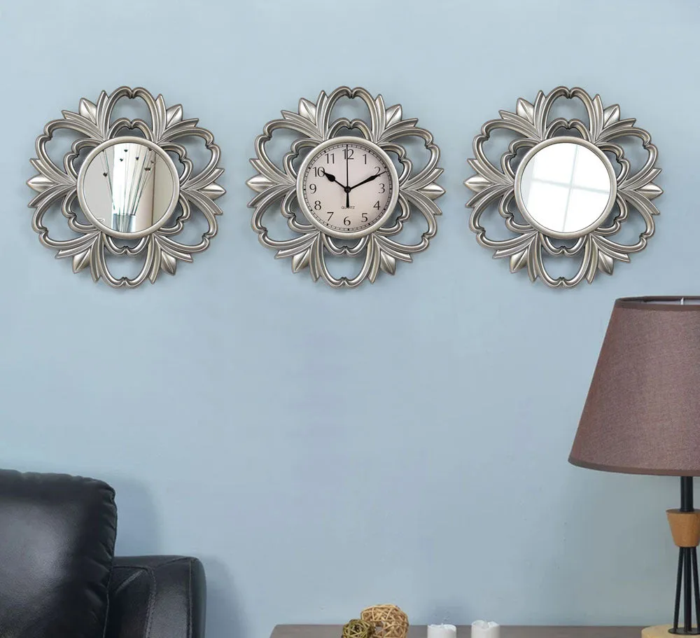 Traditional Designer Silver Wall Clock & Mirror Set Of 3