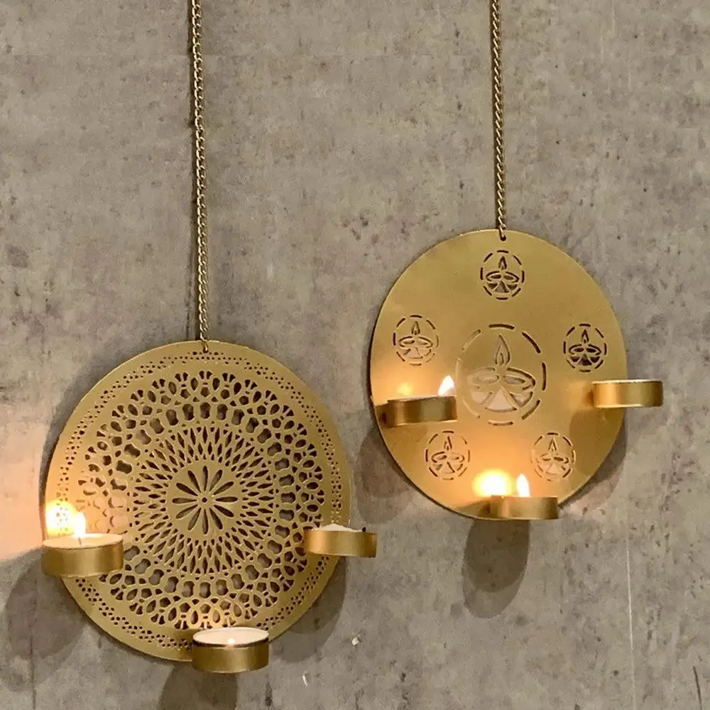Traditional Diya & Mandala Cutwork Metal Tea Light Holder in Gold FInish- Set of 2