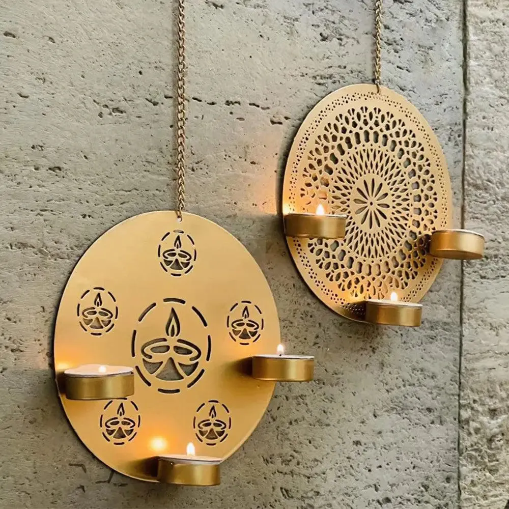 Traditional Diya & Mandala Cutwork Metal Tea Light Holder in Gold FInish- Set of 2