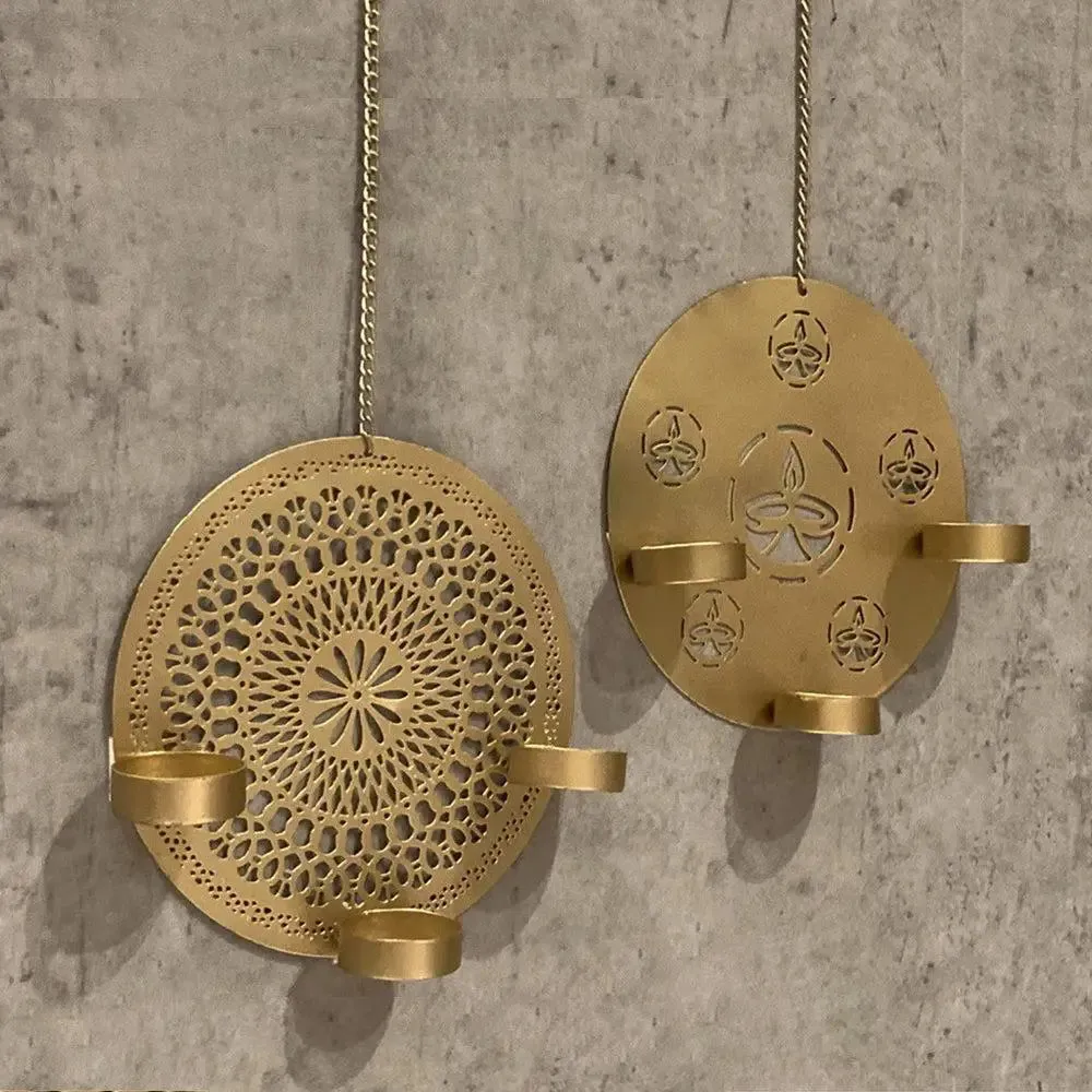 Traditional Diya & Mandala Cutwork Metal Tea Light Holder in Gold FInish- Set of 2