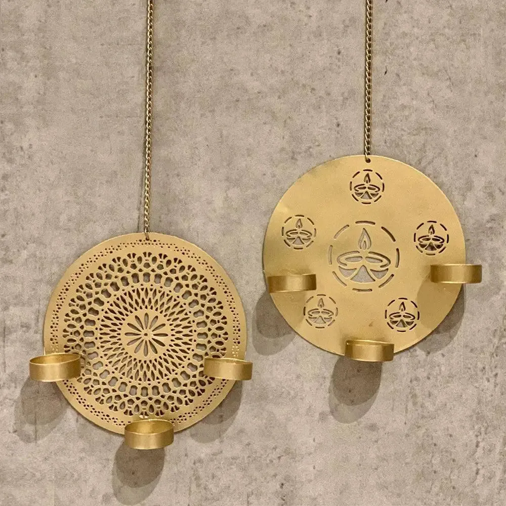 Traditional Diya & Mandala Cutwork Metal Tea Light Holder in Gold FInish- Set of 2