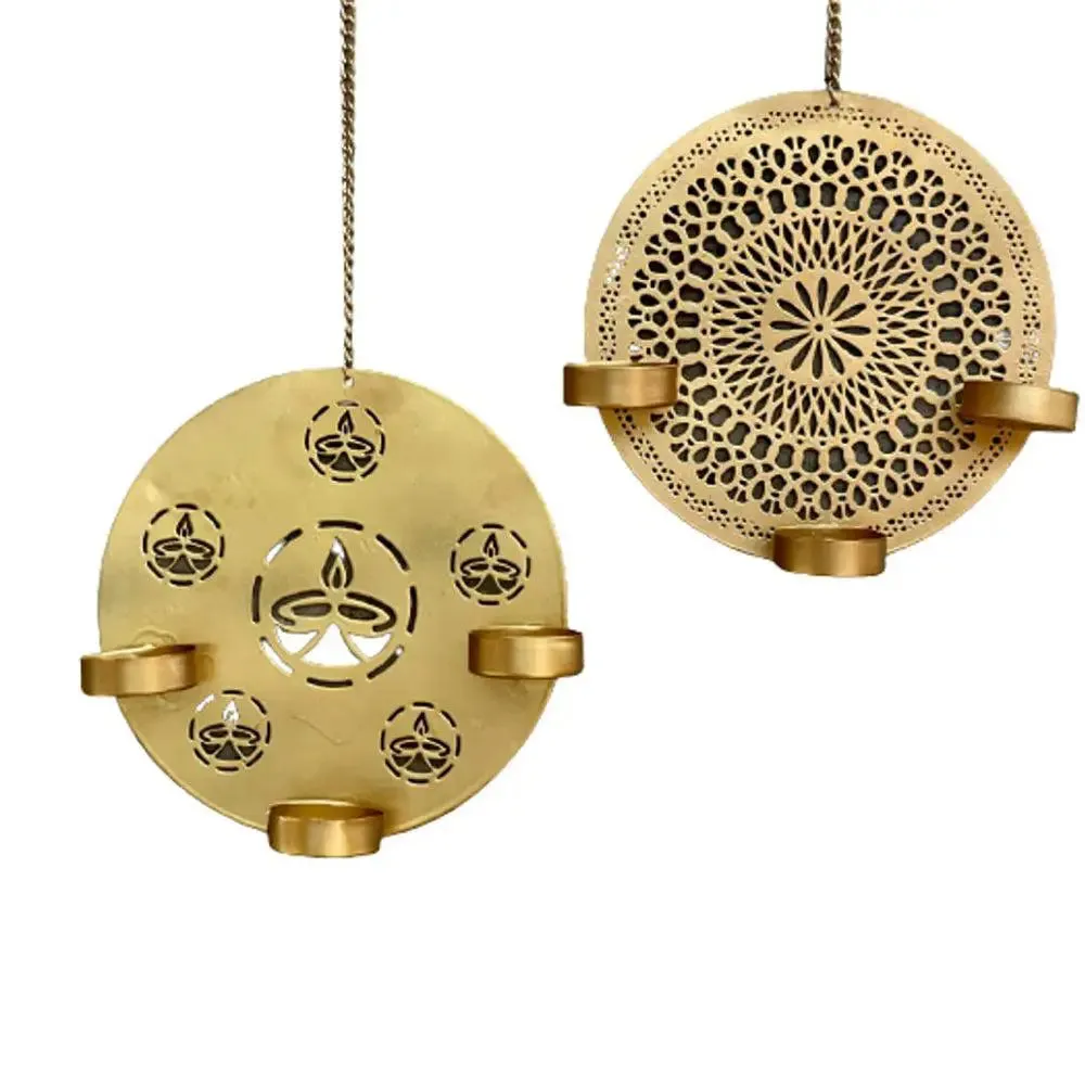 Traditional Diya & Mandala Cutwork Metal Tea Light Holder in Gold FInish- Set of 2