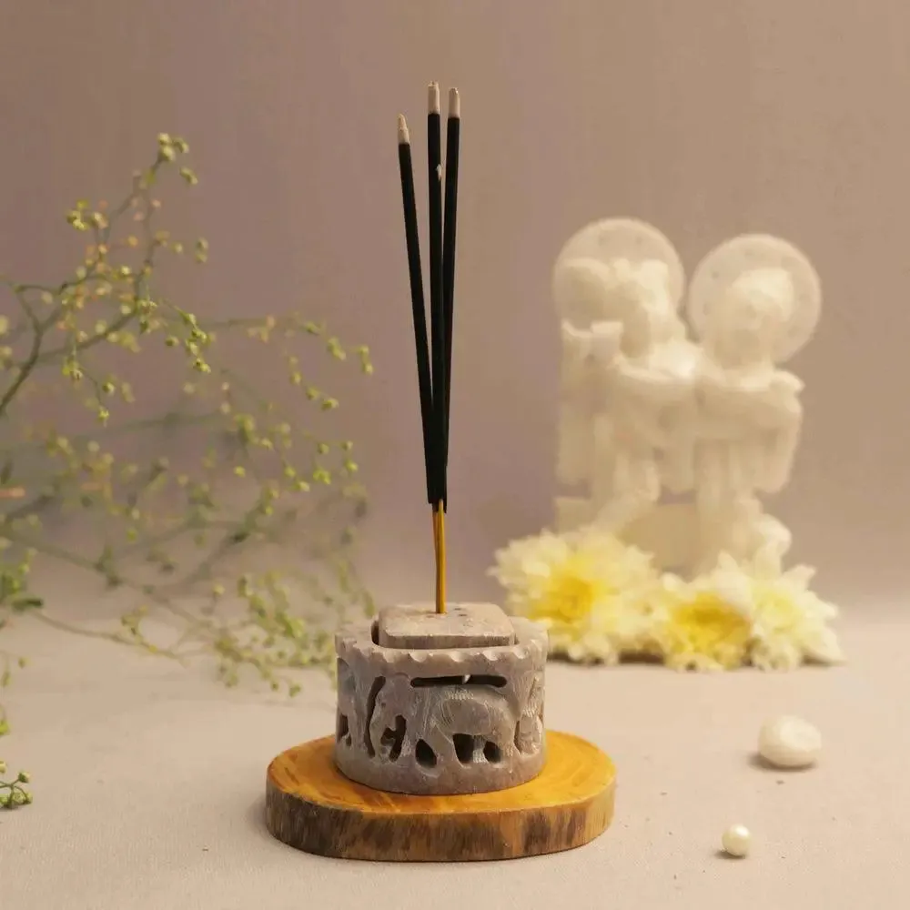 Traditional Elephant Carved Marble Soapstone Incense Stick Holder