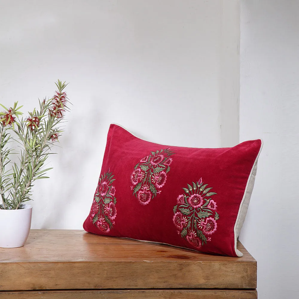 Traditional Embroidered Ruby Red Velvety Textured Cushion Cover Pack Of 1